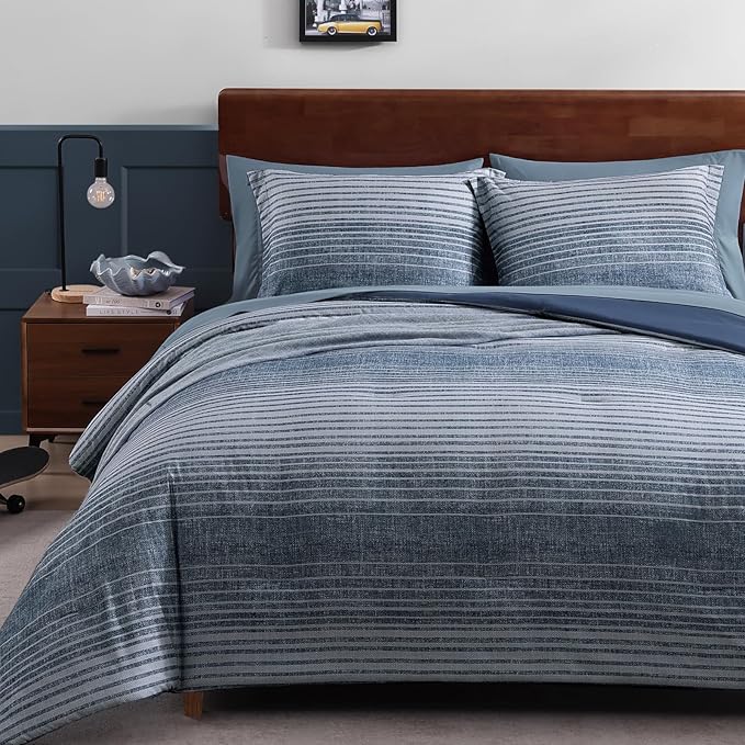 Twin XL Comforter Set Striped, Lake Blue Bedding Set 5 Pieces for Boys Girls Teen, All Season Bed in a Bag for Dorm with Sheets, Pillowcase & Sham