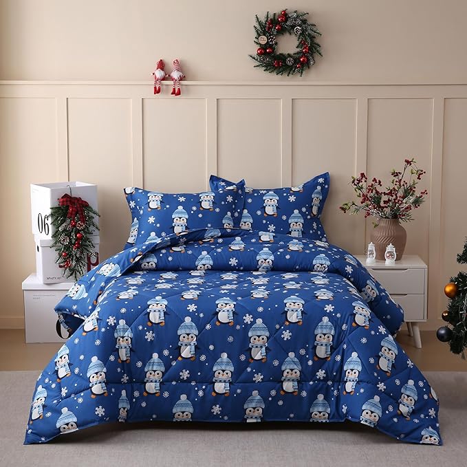 JSD Penguin Snowflakes Kids Christmas Comforter Set Twin Size, 2 Piece Xmas Printed Microfiber Bedding Set, Machine Washable
