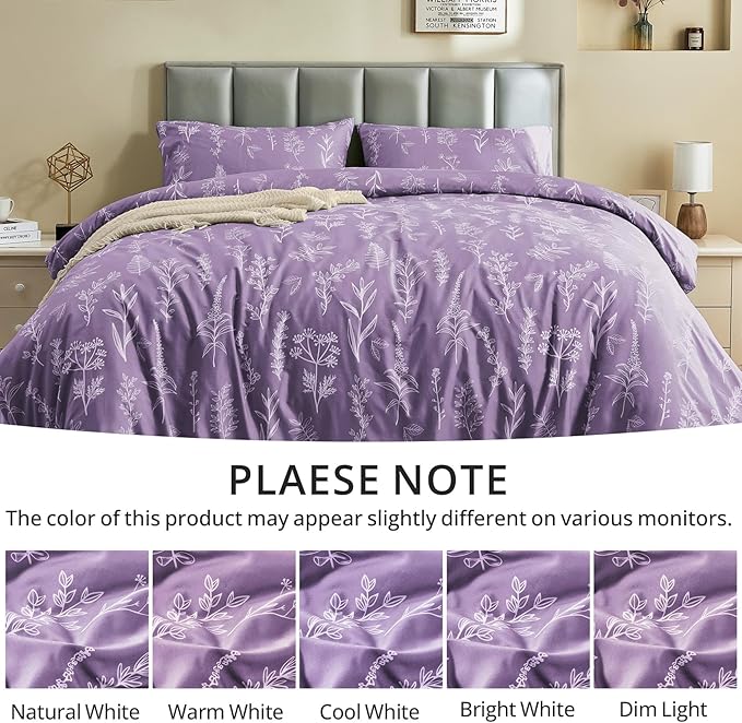MUXHOMO Duvet Cover Full Size, Reversible Floral Grayish Purple Duvet Cover Set with Zipper Closure, 3 Pieces Botanical Patterns Soft Microfiber Bedding Set with 4 Ties (80"x90", 2 Pillow Cases)