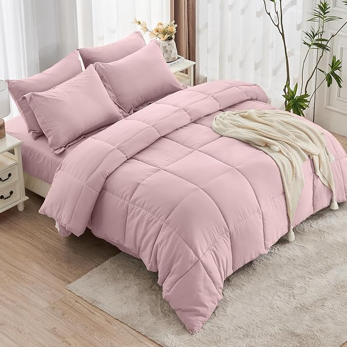 JOLLYVOGUE Twin XL Comforter Set, Ultra-Soft Bed in a Bag Twin XL Size 5 Pieces, Oeko-TEX Certified Bedding Set with Down Alternative Comforter, Sheets, Pillowcases & Shams, Camio Pink