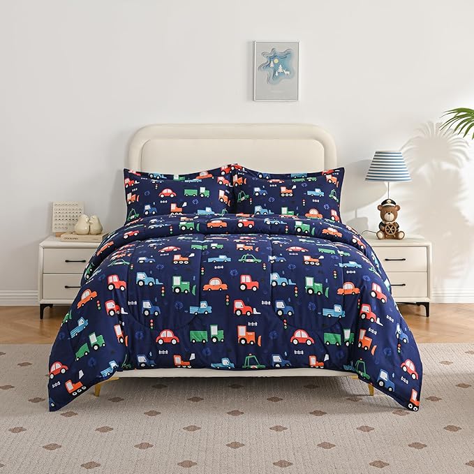Car Kids Comforter Set for Boys Full Size, Cute Reversible Quilted Navy Blue Printed Construction Toddler Bedding Set with Pillow Sham, Lightweight Soft Breathable Machine Washable Bed Set 3 Piece