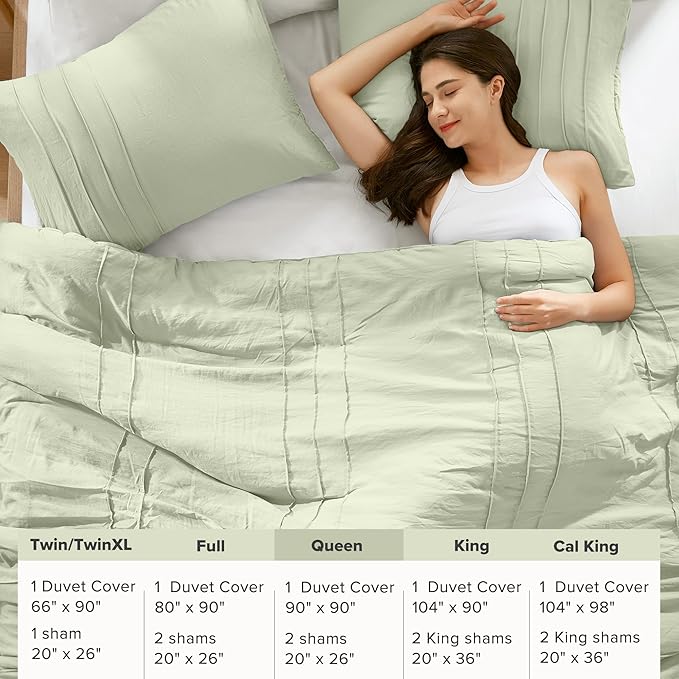 Comfort Spaces Sage Queen Size Duvet Cover Set - 3 Pieces Pintuck Pleated Duvet Cover, All Season Lightweight, Extra Softness Pre-Washed Microfiber Bedding Cover Shams, Full/Queen