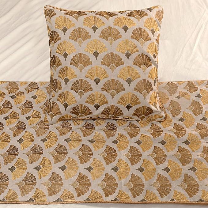 The HomeCentric King Queen Twin Beige & Yellow Gold Handmade Full 68"x18" Bed Runner with 2 Pillow Cover, Floral Embroidery Bed Scarf on Cotton Embroidery Fabric - Autumn Bloom