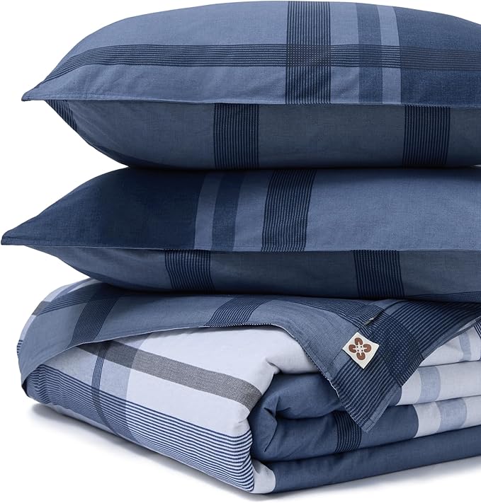 Bedsure 100% Cotton Reversible Plaid Duvet Cover King Size - Classic Navy Checkered Pattern Comforter Cover with Zipper Closure & 2 Pillow Shams, Comforter Sold Separately (Navy Plaid 104"x90")
