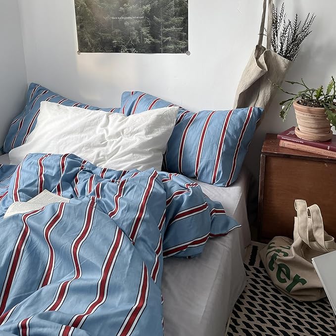mixinni Vintage Striped Blue Duvet Cover Twin XL - 100% Cotton Red Stripes 3-Piece Bedding Duvet Cover Set with Zipper Closure, Soft & Breathable Retro Design for All Seasons (Twin XL Size)