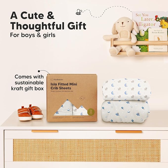 Pack and Play Sheets Fitted - 2-Pack Mini Crib Sheets for Pack N Play Mattress 38x26, Soft & Cozy, Neutral Toddler Playard Bedding, Snug Fitted Mini Baby Crib Mattress Cover Boy, Girl (Cosmo)