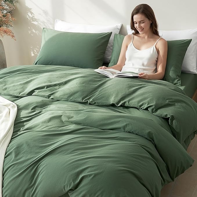 JELLYMONI Duvet Cover Twin Size - Washed Cotton Comforter Cover with Linen-Like Texture,Breathable & Soft Bedding for Modern Home,Guest Room and Everyday Use,Dusty Green 1 Duvet Cover & 1 Pillowcase