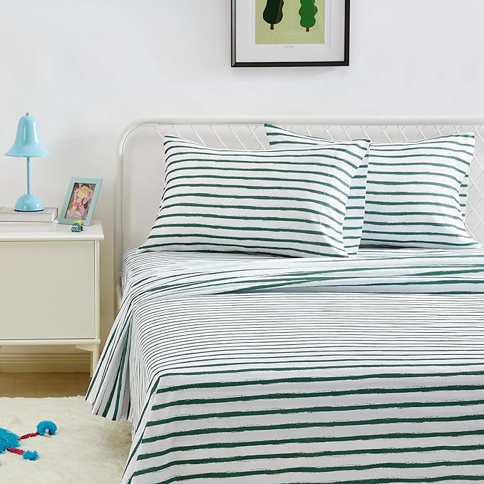 Amazon Basics Microfiber Kids' Sheet Set with 2 Pillowcases, 4-Piece, Green Stripes, Queen