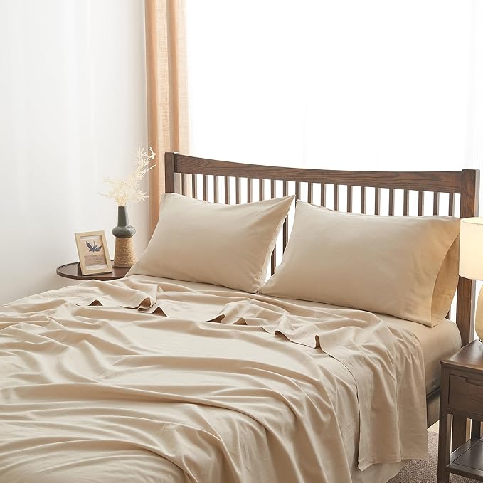 Simple&Opulence Belgian Linen Sheet Set Solid Color -Sheet Set 4PC - Cal King Natural Flax Cotton Blend Soft Breathable Farmhouse Bedding - California King, Linen/Beige