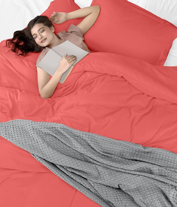 Utopia Bedding Duvet Cover Queen Size - 3 Piece with Zipper Closure - 1 Comforter Cover 90X90 Inches & 2 Pillow Shams 20X26 Inches (Coral) Comforter Not Included