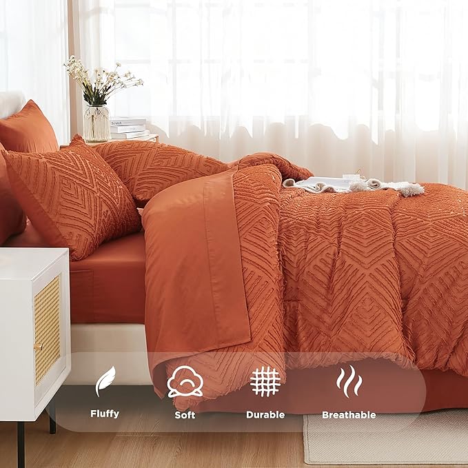 Andency Super King Plus Comforter Set Burnt Orange - 7 Pieces Bed in a Bag Oversized King Bedding Sets, Boho Tufted Terracotta Bedding Sets, Rust Bed Set with Comforter, Sheets, Pillowcases & Shams