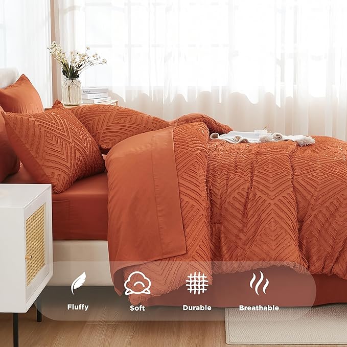 Andency Queen Comforter Set Burnt Orange - 7 Pieces Bed in a Bag Queen Boho Terracotta Bedding Comforter Sets, Rust Tufted Bed Set with Comforter, Sheets, Pillowcases & Shams
