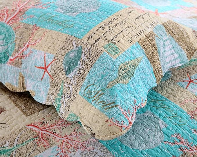 YAYIDAY Quilt King Size Bedspread Set - 100% Cotton Reversible Breathable Star Fish Coral Shell Style Quilted Quilt with Pillow Shams for All Seasons