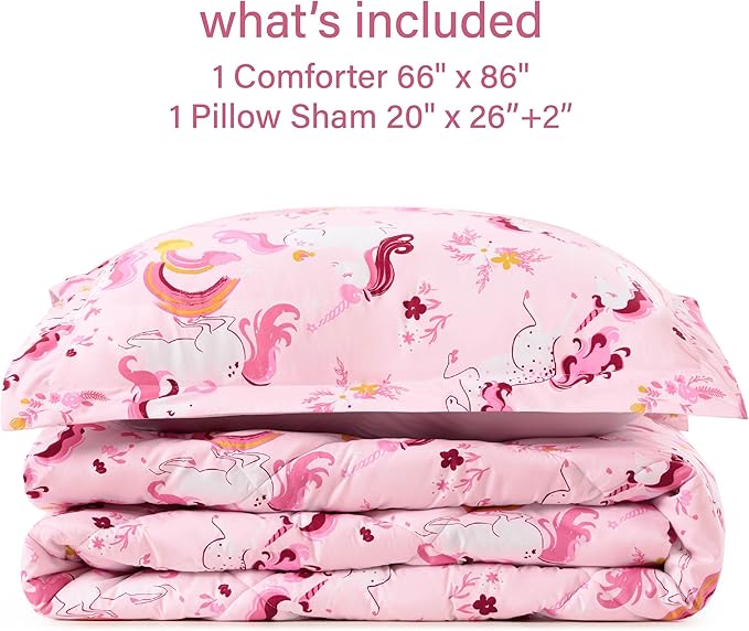Twin Unicorn Comforters for Girls, 2 Pieces Kids Unicorn Bedding Kids Comforter Sets, Super Soft Lightweight for All Season, Includes 1 Comforter (66"x86") and 1 Pillowcase (20"x26"+2")