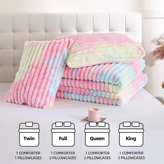 Smoofy Fluffy Twin Comforter Sets 2 Pieces - Rainbow Fleece Fluffy Comforter Set, Luxury Fuzzy Twin Bedding Set, Soft Warm Comforter All Season, Heavy Faux Fur Comforter with Pillow Cases