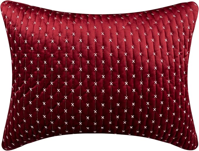 Levtex Home - Cross Stitch Velvet Red Quilt Set - Full/Queen Quilt + Two Standard Pillow Shams - Cross Stitched Pattern - Quilt Size (88x92in.) and Pillow Sham Size (26x20in.) - Reversible