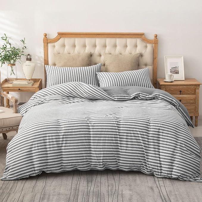 PURE ERA Jersey Knit Duvet Cover Set 100% T-Shirt Heather Cotton Super Soft Comfy Classic Striped Design, with Zipper Closure, Grey Stripe, King