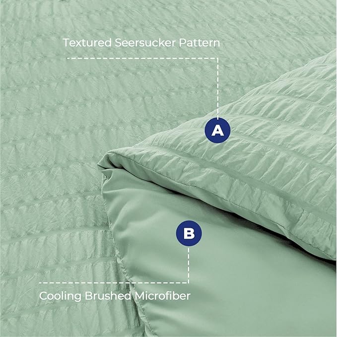 HYMOKEGE Sage Green Twin Size Duvet Cover, Ultra Soft 2-Piece Seersucker Duvet Cover Set with Zipper Closure, Soft Brushed Microfiber Bedding Set with 8 Corner Ties (68"x90", 1 Pillowshams)