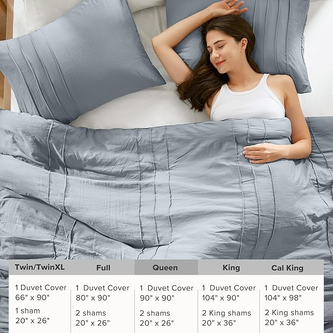 Comfort Spaces Blue/Grey Queen Size Duvet Cover Set - 3 Pieces Pintuck Pleated Duvet Cover, All Season Lightweight, Extra Softness Pre-Washed Microfiber Bedding Cover Shams