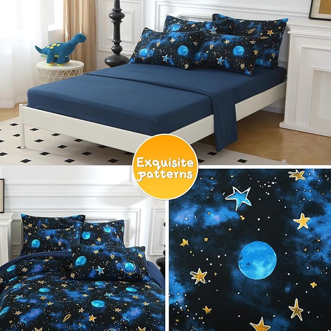 Glow in The Dark Kids Comforter Set, 3 Pieces Blue Space Bedding Set Twin Size for Boys Girls Teen, 1 Comforter, 1 Pillowcase, 1 Pillow Sham