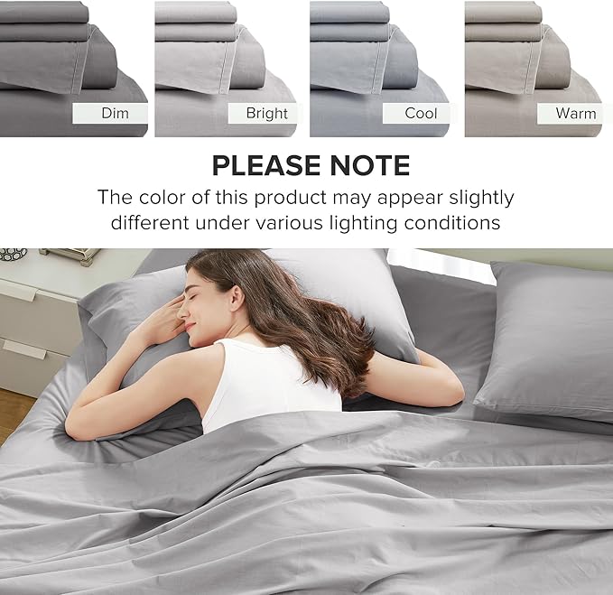 Comfort Spaces 100% Cotton Sheet Set Breathable, Lightweight, Soft with 12" Elastic Pocket Fits up to 14" Mattress, All Season Cozy Bedding, Matching Pillow Case, Twin XL Grey 3 Piece
