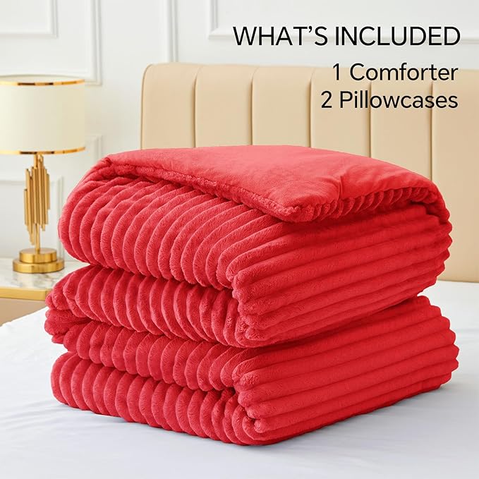 BEDELITE Fleece King Comforter Set -Super Soft & Warm Fluffy Red Bedding, Luxury Fuzzy Heavy Bed Set for Winter with 2 Pillow Cases