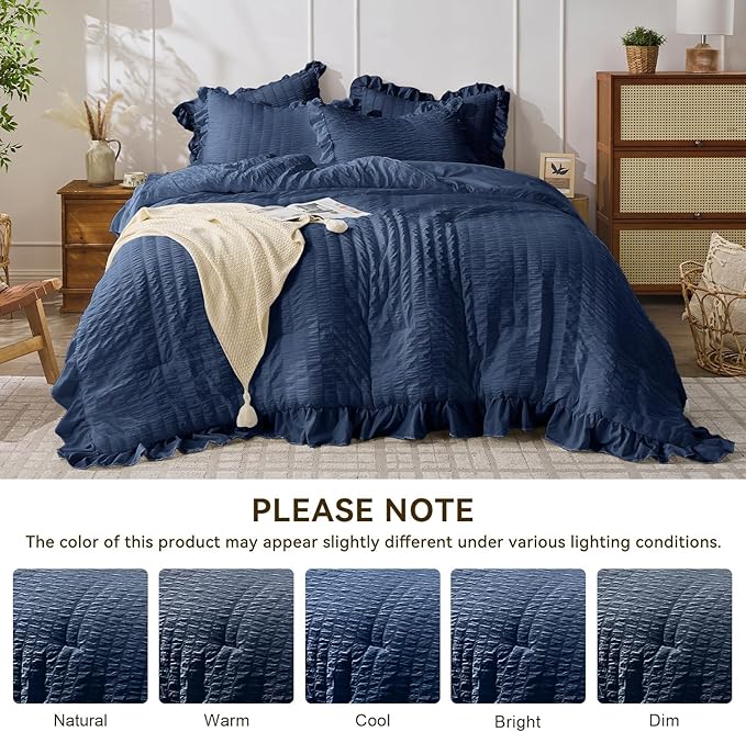 JOLLYVOGUE Navy Blue Comforter Full Size, 3 Pieces Seersucker Lightweight Full Size Bedding, All Season Fluffy Microfiber Bedding Comforter Set with 1 Ruffle Comforter and 2 Ruffle Pillowshams