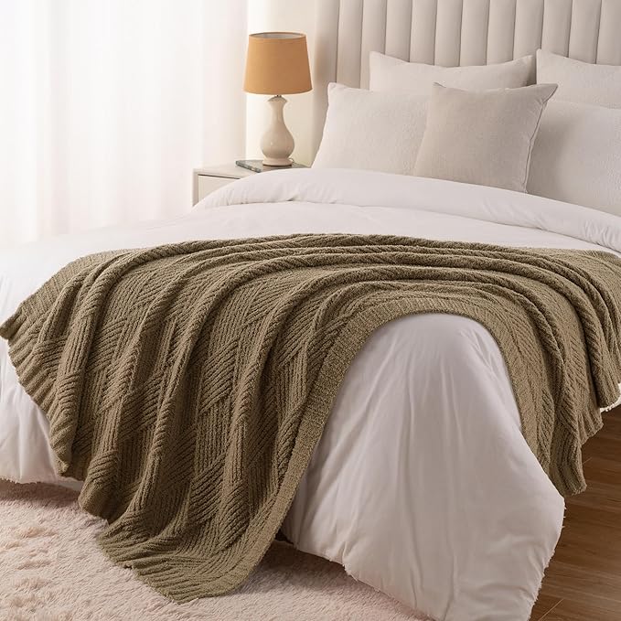 Battilo Khaki Diamond Knit Throw Blanket for Couch and Bed, Soft Textured Chenille Blanket, Cozy Lightweight Decorative Blanket for Sofa, 50"x60"