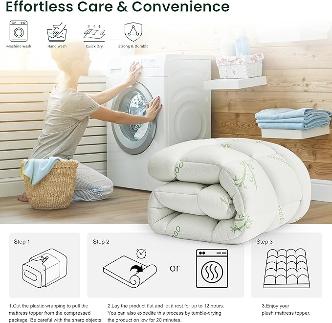 Love's cabin Queen Mattress Topper Viscose Derived from Bamboo, Thick Pillow Top Mattress Pad with Stretchable Pockets for 8"-20" Mattress, Breathable Cooling Mattress Topper for Hot Sleepers, Green