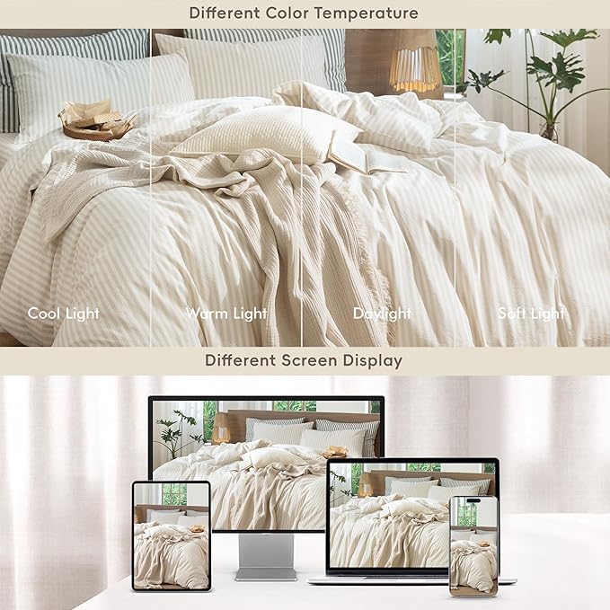 MooMee Striped Duvet Cover Set 100% Washed Cotton Linen Like Textured Breathable Durable Soft Comfy (Almond Milk Grey Classic Stripes, Alaska King 132"x120")