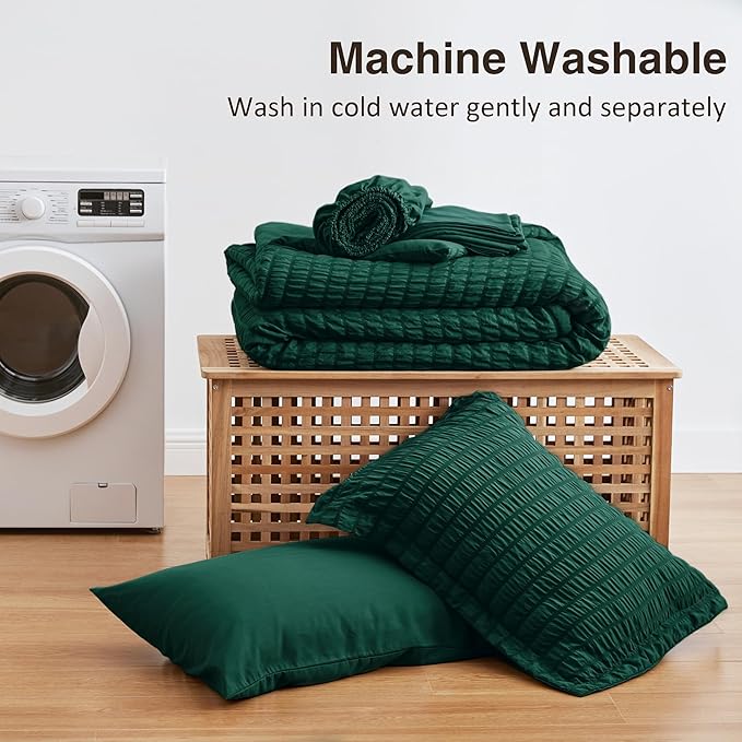 Love's cabin Seersucker Dark Green Twin XL Comforter Set, 5-Piece All Season Lightweight Bed in a Bag Bedding Set with Comforter, Flat Sheet, Fitted Sheet, Pillowcase and Sham | Soft, Breathable, Lightweight