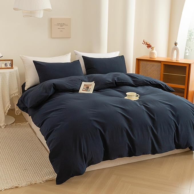 ECOCOTT Navy Blue Duvet Cover California King Size - 100% Washed Cotton Durable Soft Comfy Bedding Set, 3 Pieces Duvet Cover with Zipper Closure (Navy Blue, 104''x98'')