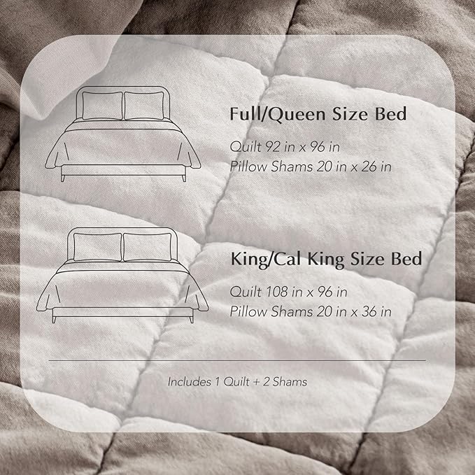 EVERGRACEHOME Stonewashed Cotton Quilt Set Queen Size, Ultra Soft Oversized Bedspread Coverlet Set, Lightweight Crinkle Box Stitch Bedding Sets for All Season, with 2 Shams, Truffle Taupe Brown