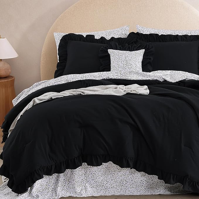 Full Comforter Set - 7 Pieces Ruffle Black Bedding Sets, Shabby Chic Farmhouse Bed in a Bag Full with Ruffle Comforter, Floral Sheets, Pillowcases & Shams
