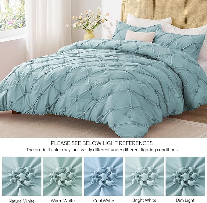 BEDELITE Dusty Blue Queen Comforter Set - 3 Pieces Boho Pintuck Bedding Comforter Sets, Lightweight Soft & Warm Bed Comforter Queen with 2 Pillowcases for All Season