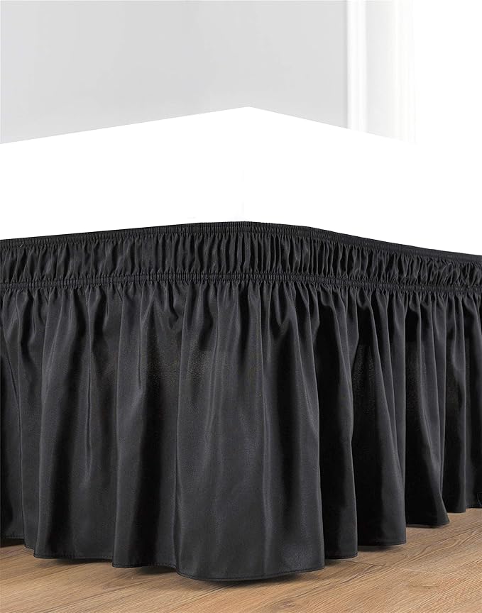 Wrap Around Bed Skirts Elastic Dust Ruffles, Easy Fit Wrinkle and Fade Resistant Silky Microfiber Fabric Solid Color Bedskirt, 12 Inch Tailored Drop Black for Queen XL Size Bed Skirt