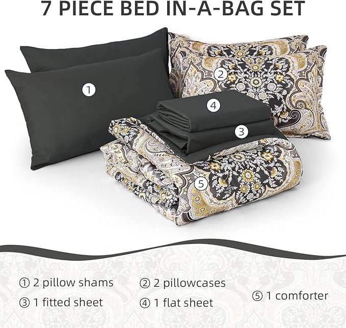 Drucon Boho Paisley Comforter Set King Size, 7 Pieces Bed in a Bag Black Gold Comforter Set, Soft Lightweight Bedding Set (1 Comforter, 1 Flat Sheet, 1 Fitted Sheet, 2 Pillow Shams, 2 Pillowcases)