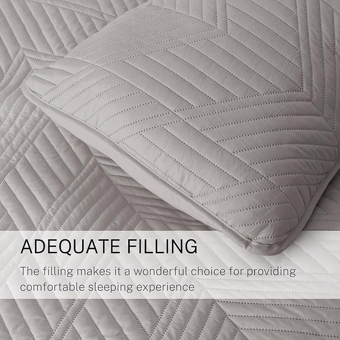 Exclusivo Mezcla Ultrasonic Twin Quilt Bedding Set, Lightweight Light Grey Bedspreads Soft Modern Geometric Coverlet Set for All Seasons (1 Quilt and 1 Pillow Sham)