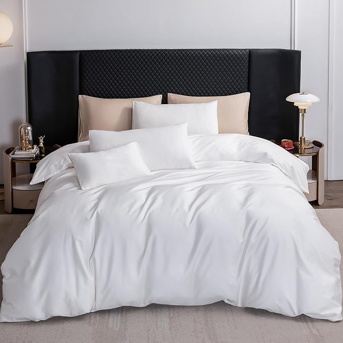 MooMee Duvet Cover Set 100% Extra Long Staple Cotton 600 Thread Count Silky Sateen Smooth Luxury Soft Breathable Durable Hotel Quality Bedding, 3 Pieces (Bright White, Full 80"x90")