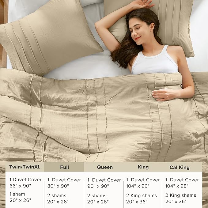 Comfort Spaces Khaki Full Size Duvet Cover Set - 3-pc Pintuck Pleated Duvet Cover, All Season Lightweight, Extra Softness Pre-Washed Microfiber Full Bed Cover Shams, Full