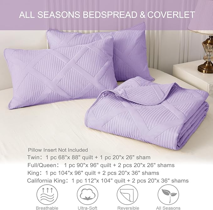 Exclusivo Mezcla Twin Size Quilt Set - Lilac Quilts Bedding Set with 2 Pillow Shams, Modern Bedspread with Striped Pattern, Soft Lightweight Bedspreads Coverlets for All Seasons