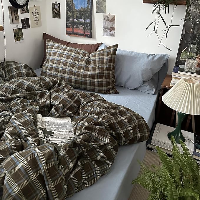 mixinni Vintage Brown & Blue Buffalo Plaid Duvet Cover Set King Size - 3 Piece Washed Cotton Bedding Set with Grid Pattern, Soft & Breathable Duvet Cover with Pillowcases for All Seasons