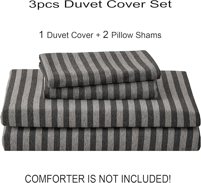 PURE ERA Jersey Knit Duvet Cover Set 100% T-Shirt Heather Cotton Super Soft Comfy Classic Striped Design, with Zipper Closure, Charcoal Dark Grey Stripe, King