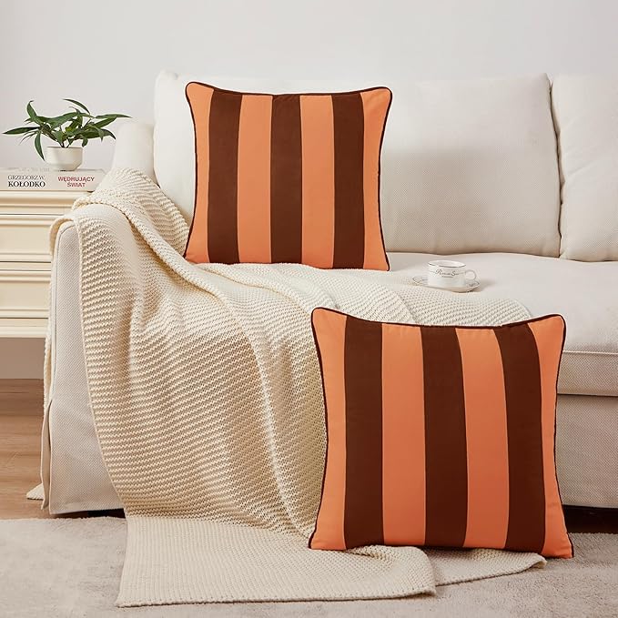 MONDAY MOOSE Decorative Throw Pillow Covers Cushion Cases, Set of 2 Soft Velvet Striped Piping Edge Designs, Pillow Inserts Not Included (16x16 inch, Rust/Coral)