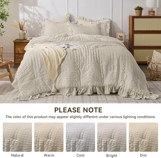 JOLLYVOGUE Queen Comforter Set, 3 Pieces Oatmeal Seersucker Comforters Queen Size, Lightweight & Fluffy Bedding Sets for All Season with 1 Ruffle Comforter and 2 Ruffle Pillowshams