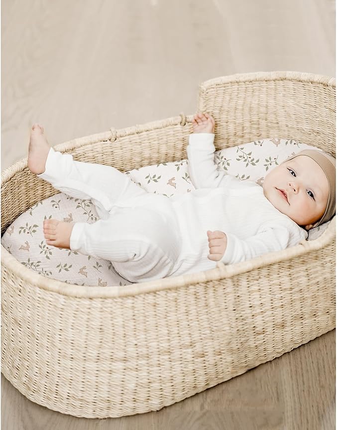 Konssy 2 Pack Muslin Bassinet Sheets for Boys, Girls, 100% Cotton Soft Breathable Fitted Bassinet Mattress Sheet, 32 x 16 inches (Sprout,Fog Green)