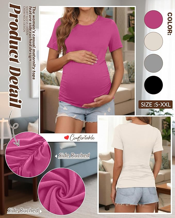 Huukeay 4 Pack Women's Maternity Shirts, Crew Neck Maternity Top Short Sleeve Casual Cotton Tee Side Ruched Pregnancy Clothes