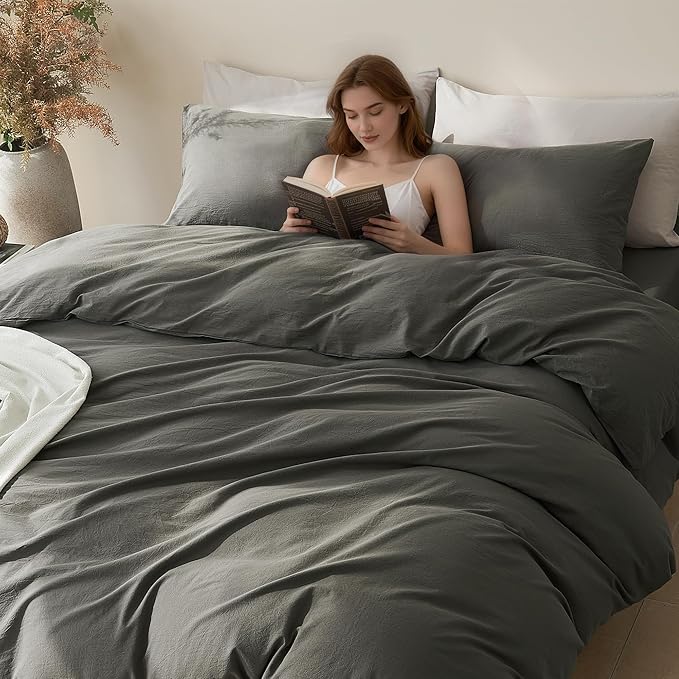 JELLYMONI Duvet Cover Queen Size - Washed Cotton Comforter Cover with Linen-Like Texture,Breathable & Soft Bedding for Modern Home,Guest Room and Everyday Use,Dark Grey 1 Duvet Cover & 2 Pillowcases
