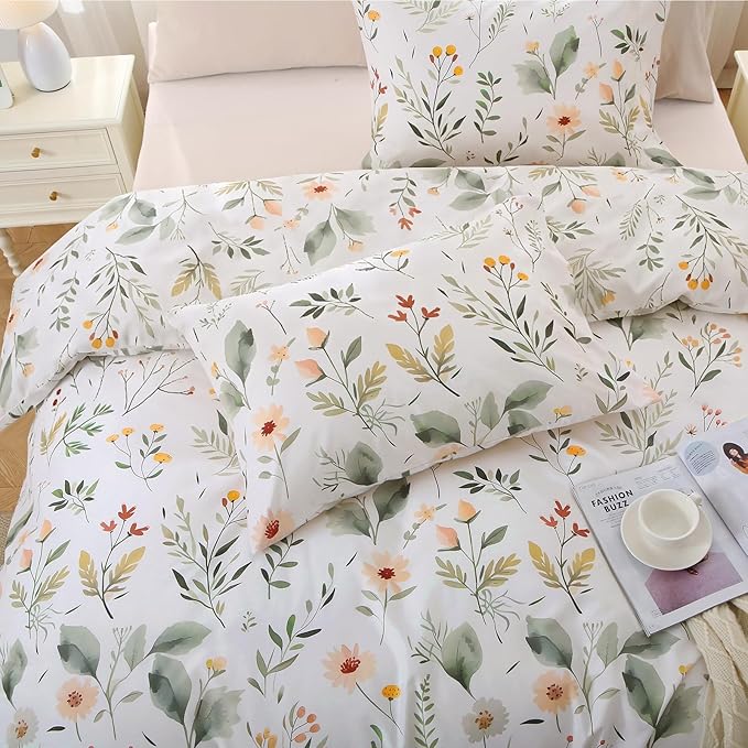 MUXHOMO Garden Leaves Bed in a Bag Queen 7 Pieces, Queen Comforter Set Reversible Botanical Flowers Design, Ultra Soft & Breathable Bedding Sets with Comforter, Sheets, Pillowcases & Shams