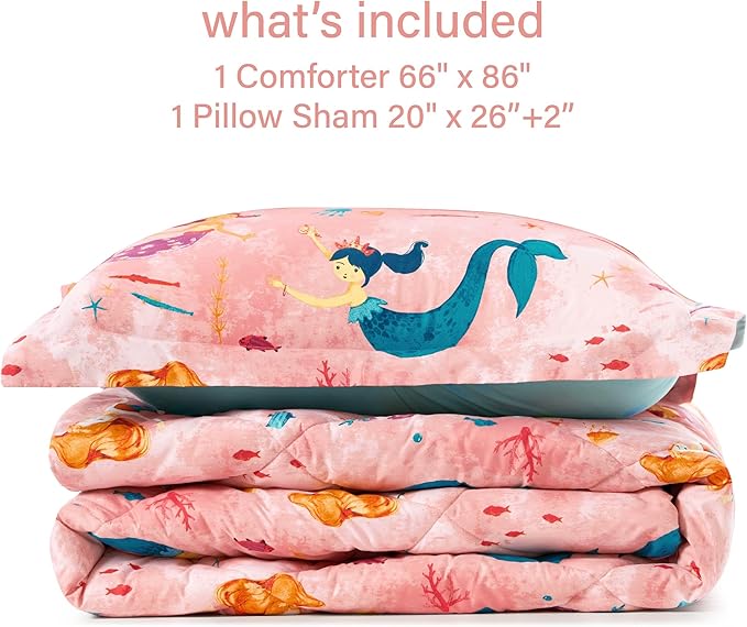 Twin Mermaid Bedding Sets for Girls, 2 Pieces Kids Twin Comforter Sets, Super Soft Lightweight for All Seasons, Includes 1 Comforter (66"x86") and 1 Pillowcase (20"x26"+2")